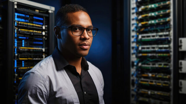 african american data center engineer working with servers in data center