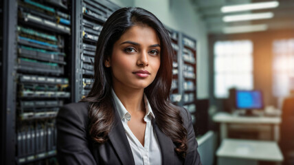businesswoman standing in server room with servers in background