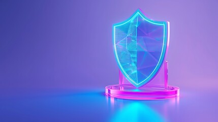 Futuristic glowing neon shield symbolizing cybersecurity and digital protection, set against a modern purple background.