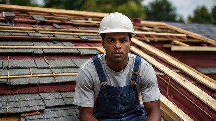 Roofer. A young male construction worker on the roof of a house.