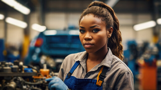 African American female mechanic looking at camera in auto repair shop