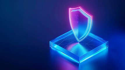 Futuristic glowing shield in neon light representing digital security and protection on a techy blue background.
