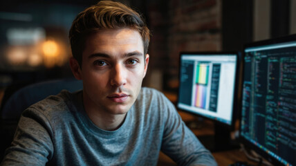 Obraz premium Web Developer. A man looking at camera in front of computer monitors.