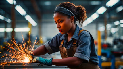 Young african american female worker welding metal in factory.