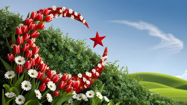 Famous Turkish Crescent and Star Formed from Red and White Flowers on Green Hillside: Symbolizing National Pride (Ağustos).