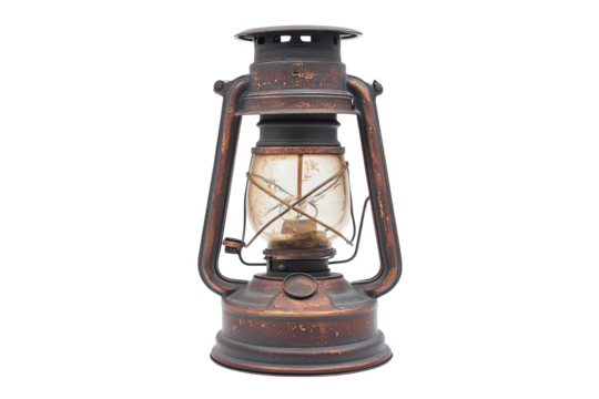An antique kerosene lantern with a glass globe and a metal frame, isolated on a white transparent background.