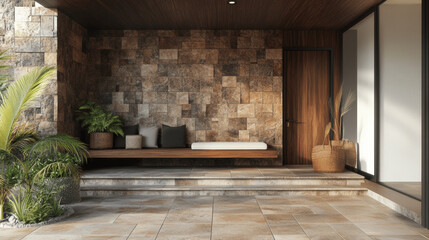 Modern Entrance Hall with Stone Tile Wall and Rustic Wooden Elements
