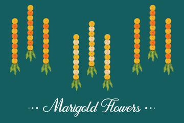 Marigold Flower Garland And Mango Leaves Hanging On Auspicious Traditional Hindu Festival. Vector Illustration for Festive Elements