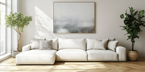 White Sofa on Wooden Parquet in Minimalist Scandinavian Living Room with background painting
