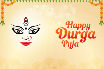Illustration of Goddess Durga on Beige Background With Marigold Flowers And Mango Leaves. Indian Hindu Festival Concept. © Inkeye Studio