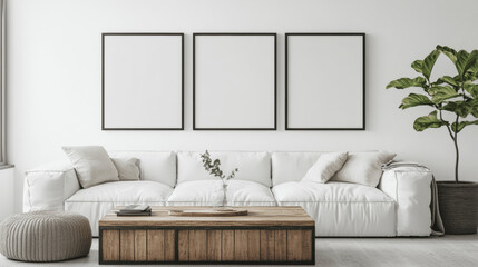 Japanese Living Room with Square Coffee Table, White Sofa, and Rustic Cabinets - Poster frames 