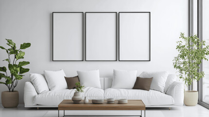 Japanese Living Room with Square Coffee Table, White Sofa, and Rustic Cabinets - Poster frames 