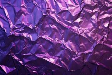 Abstract close-up of crumpled purple foil, showcasing detailed texture and reflective surfaces with a metallic sheen.