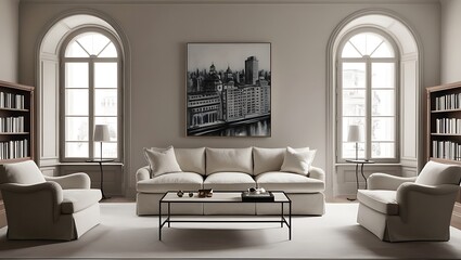 Design a sophisticated living room interior that balances contemporary minimalism with classic elements