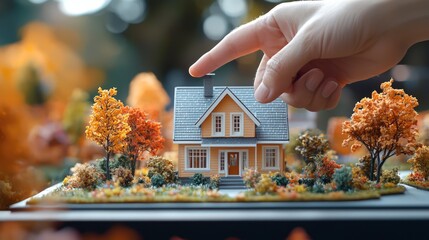 Finding Your Dream Home: Hand points to a model home in an autumn setting, real estate concept.