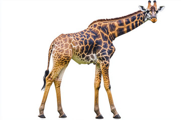 Obraz premium Stand posture of giraffe isolated on white background, Long neck giraffe on white, Safari wildlife concept.