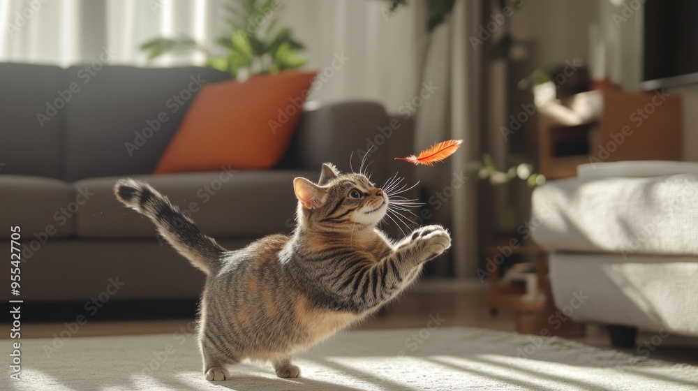 Poster an overweight cat playfully chasing a feather toy in a modern living room, showing its playful side 