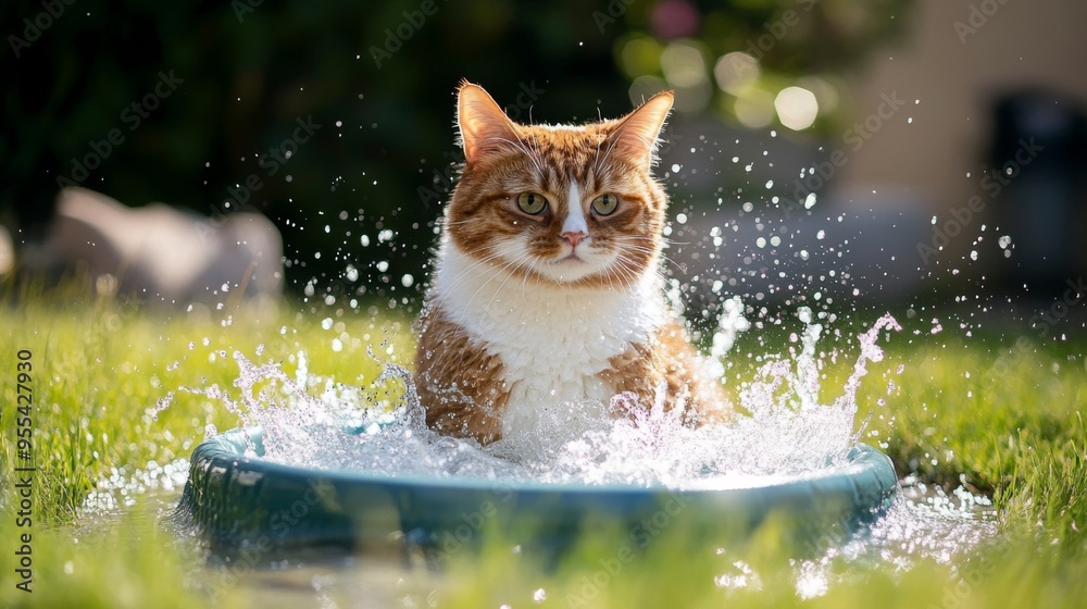Aufkleber An overweight cat playfully splashing in a small kiddie pool in a backyard, enjoying a sunny day and looking happy.