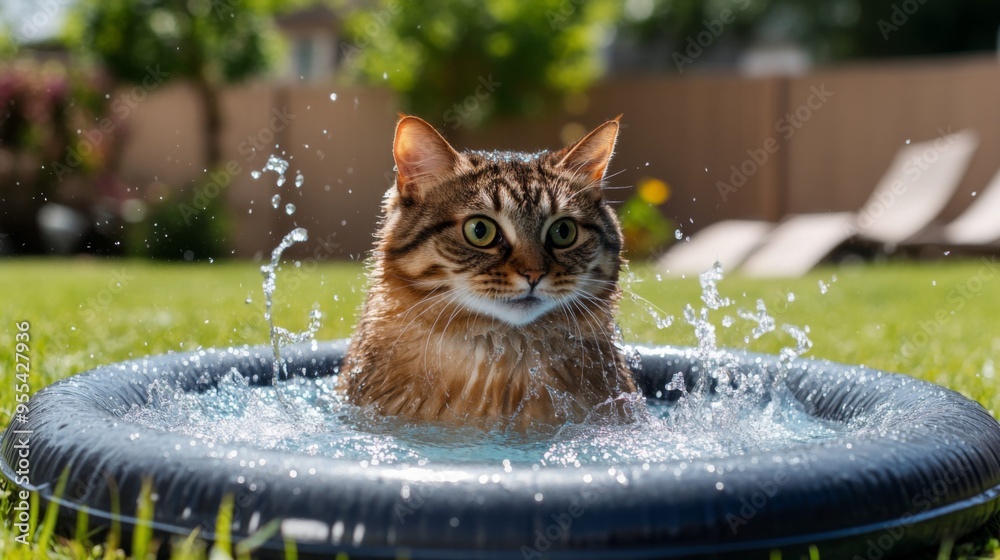 Aufkleber An overweight cat playfully splashing in a small kiddie pool in a backyard, enjoying a sunny day and looking happy.