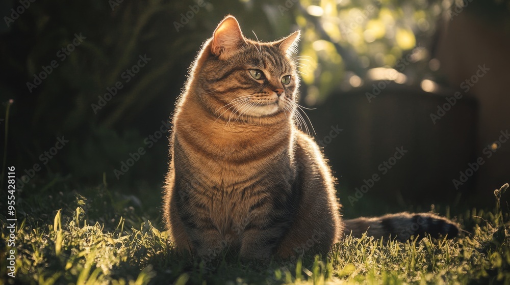 Poster An overweight cat sitting in a patch of sunlight, its fur illuminated and creating a warm, inviting scene.
