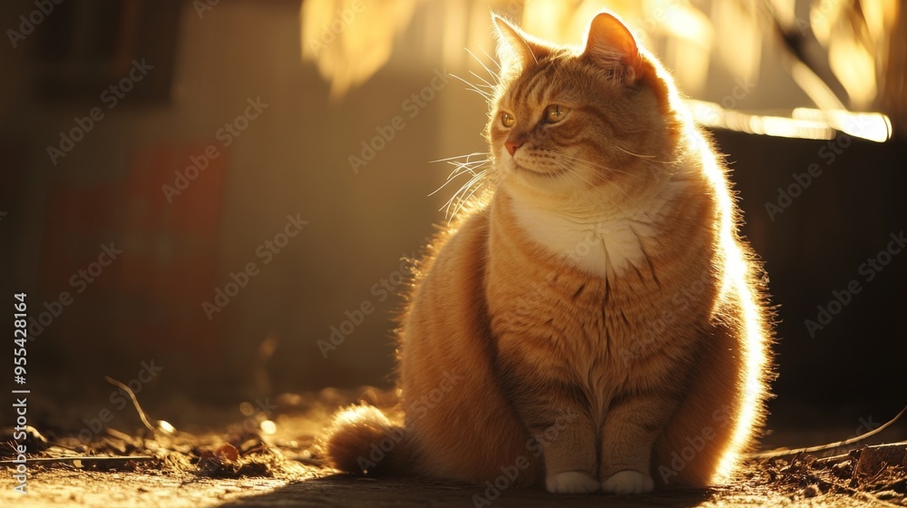 Poster An overweight cat sitting in a patch of sunlight, its fur illuminated and creating a warm, inviting scene.