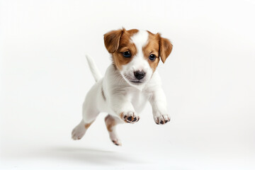 Jump jack russell puppy isolated on white background, Jump posture baby dog for advertisement commercial, Close up shot white dog  concept.