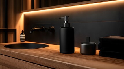 Shampoo, Hand Soap Bottle Mockup with Blank Label Design in Modern Bathroom.