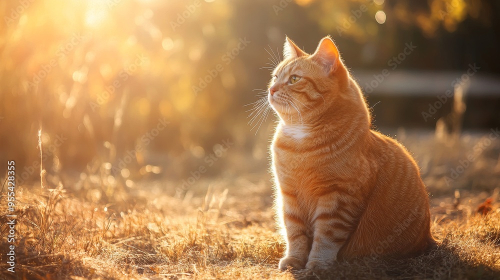 Poster An overweight cat sitting in a patch of sunlight, its fur illuminated and creating a warm, inviting scene.