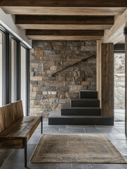 Modern Entrance Hall with Stone Tile Wall and Rustic Wooden Elements