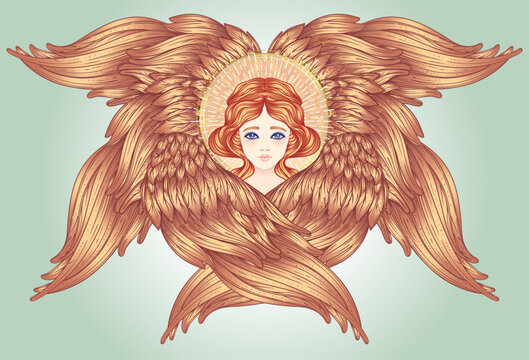 Sirin, Alkonost, Gamayun mythological creature of Russian legends. Angel girl with wings. Isolated hand drawn vector illustration. Trendy Vintage style element. Spirituality, occultism, alchemy, magic