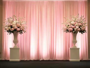 Soft Pink and Gold Lighting: Gentle pink and gold lighting creating a warm and inviting stage ambiance