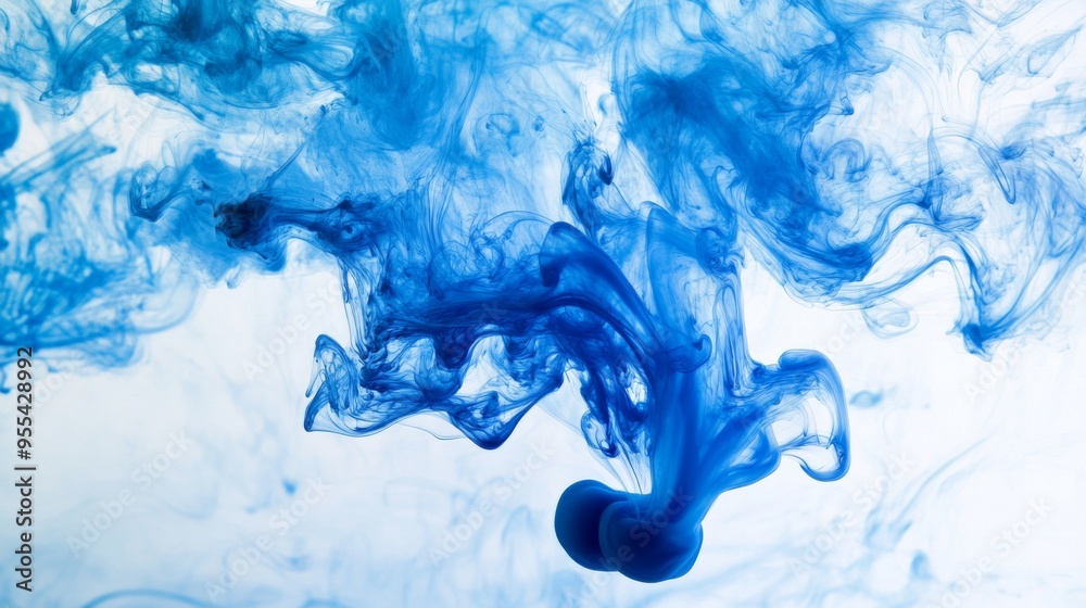 Fototapete blue ink dropping into clear water, creating swirling patterns and abstract shapes