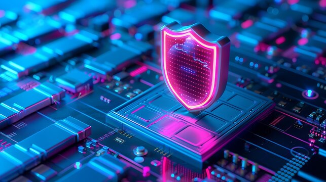 Futuristic representation of cyber security with a glowing shield on a motherboard, symbolizing digital protection and tech safety.