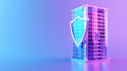Futuristic server rack with glowing security shield, representing cyber security and data protection in vibrant blue and purple hues.