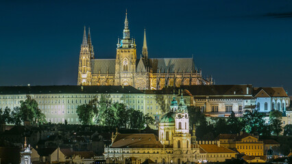 Evening view of Prague Castle over Vltava river timelapse, Czech Republic