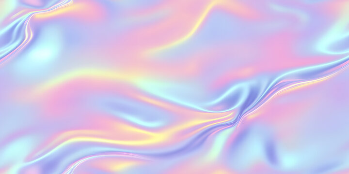 Seamless trendy iridescent rainbow foil texture. Soft holographic pastel unicorn marble background pattern. Modern pearlescent blurry abstract swirl illustration.