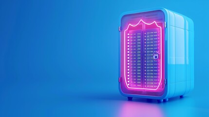 Futuristic server rack with neon pink lights in a blue room, showcasing modern data storage technology with sci-fi aesthetics.