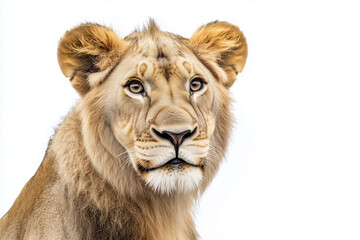 Obraz premium Selective focus elegant lion isolated on white background, Lion with fur collar with safari concept. 