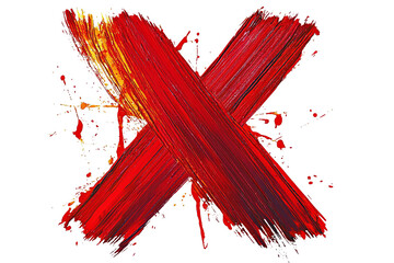 Abstract red and yellow brushstrokes cross pattern on white transparent background.