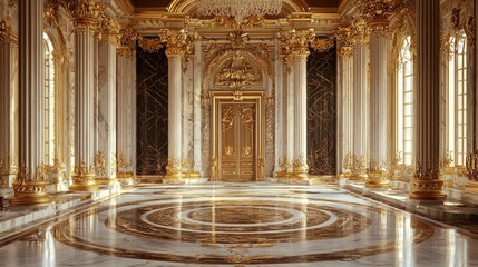 Gold marble interior of a royal palace, lavish and luxurious.