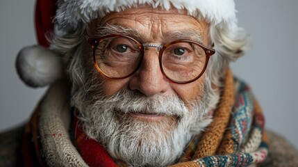 A man wearing a Santa hat and glasses is smiling