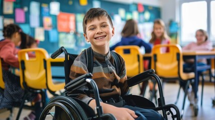young man in a wheelchair smiling at the camera in a classroom