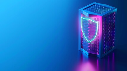 Obraz premium Futuristic server shield with glowing neon lights symbolizes cybersecurity, data protection, and cutting-edge technology in a digital landscape.