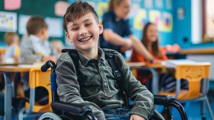 young man in a wheelchair smiling at the camera in a classroom