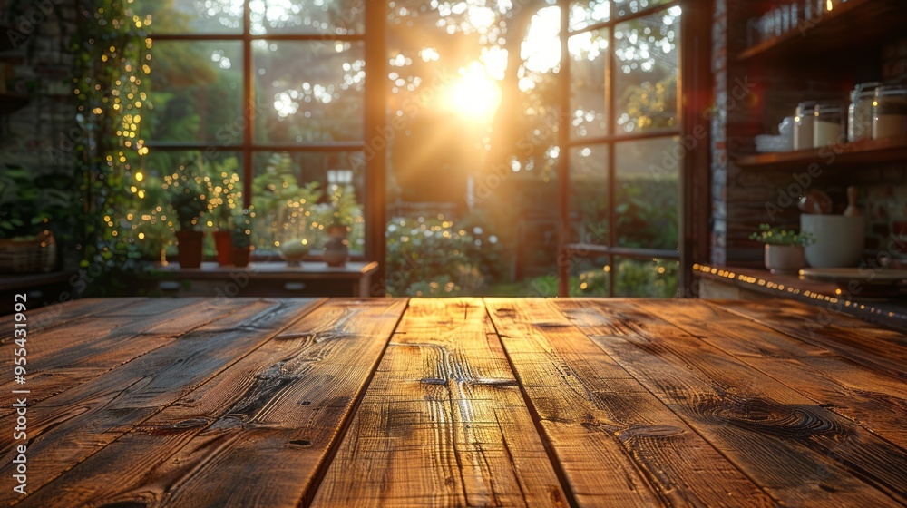 Poster a wooden table with a view of a garden and a sun shining through the window