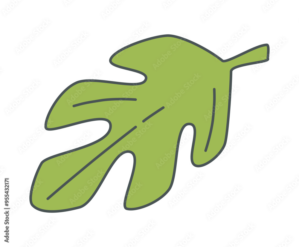 Poster simple flat vector illustration of a single green leaf with a bold black outline.