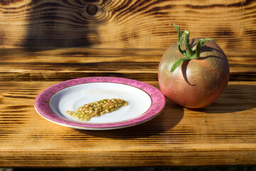 Collected tomato seeds on a plate.