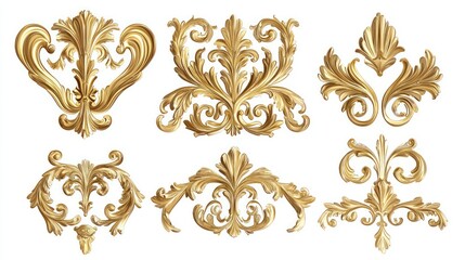Golden baroque elements isolated on white, suitable for elegant designs.