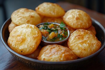 Fototapeta premium Golden-brown, crispy bhature garnished with fresh herbs, served with a side of spicy chutney, representing a popular North Indian snack.