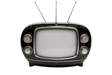 A vintage black and white television with three antennas on a white transparent background.